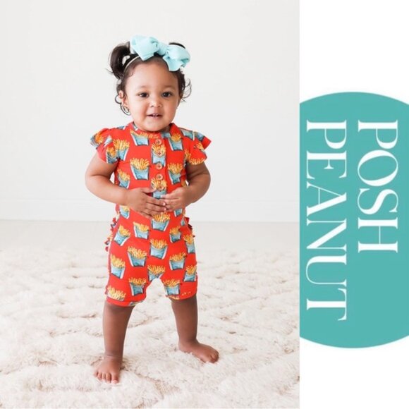 Posh Peanut | “Time Fries” Red Ruffle Butt Shorts Romper | Size 6-9 Months - Picture 1 of 11